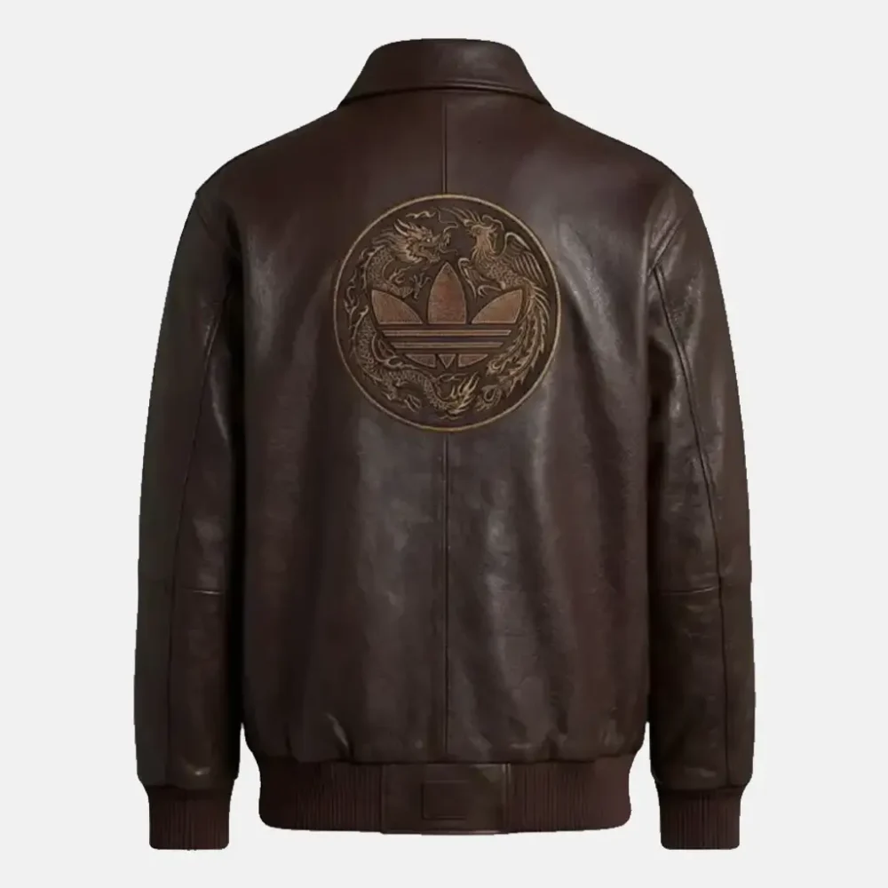 Adidas CNY Dark Brown Leather Bomber Jacket Back