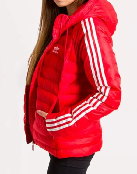 Stripe Padded Slim Hooded Red Jacket